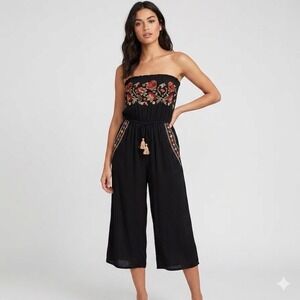 American Eagle Black Embroidered Strapless tube  Cropped Jumpsuit Women's Size M